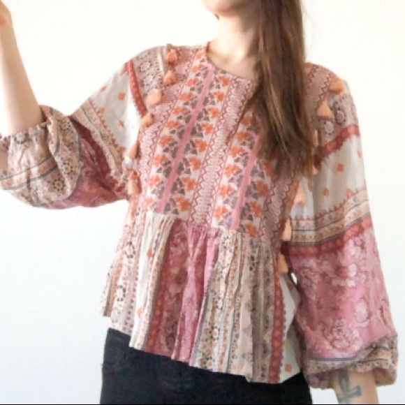 AEO Embroidered Balloon Sleeve Tassel Peasant Patchwork Peplum Top - Picture 7 of 11